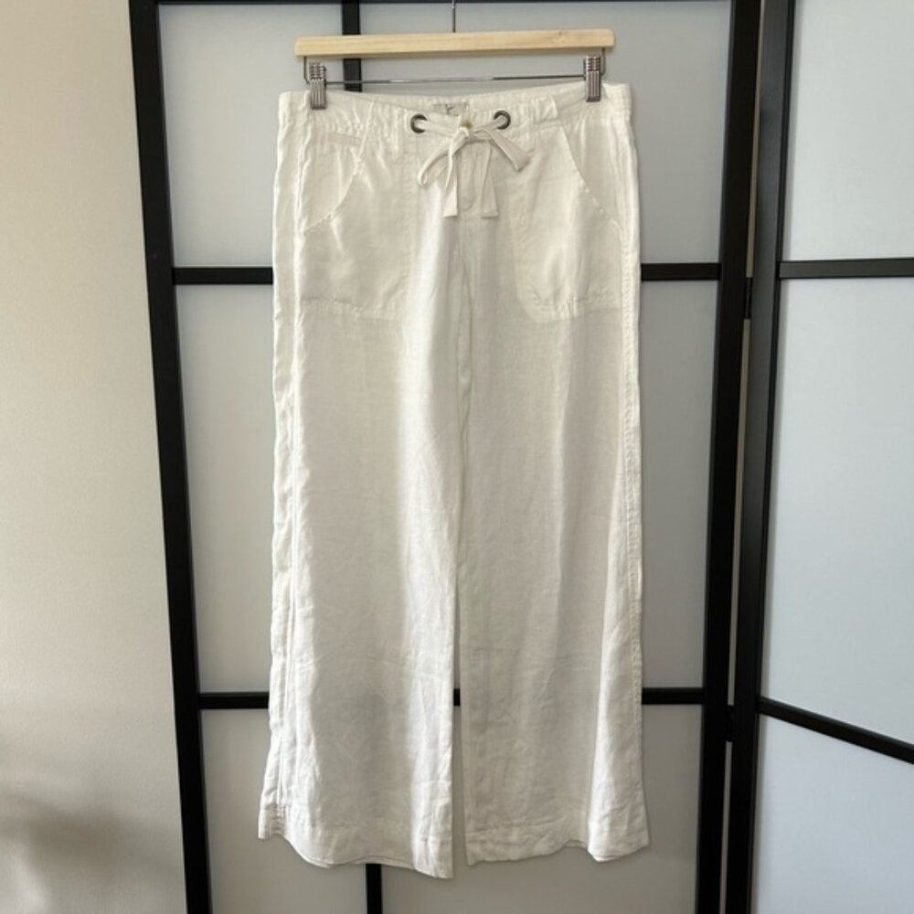 Joie Women s Drawstring Front Tie White 100% Linen Wide Leg Pants Beachwear